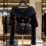Chic Black Short Jacket Women's 2025 Autumn New Letter Belt Top Lady High-end Shoulder Outwear Single-breasted Clothing Coat Y2K
